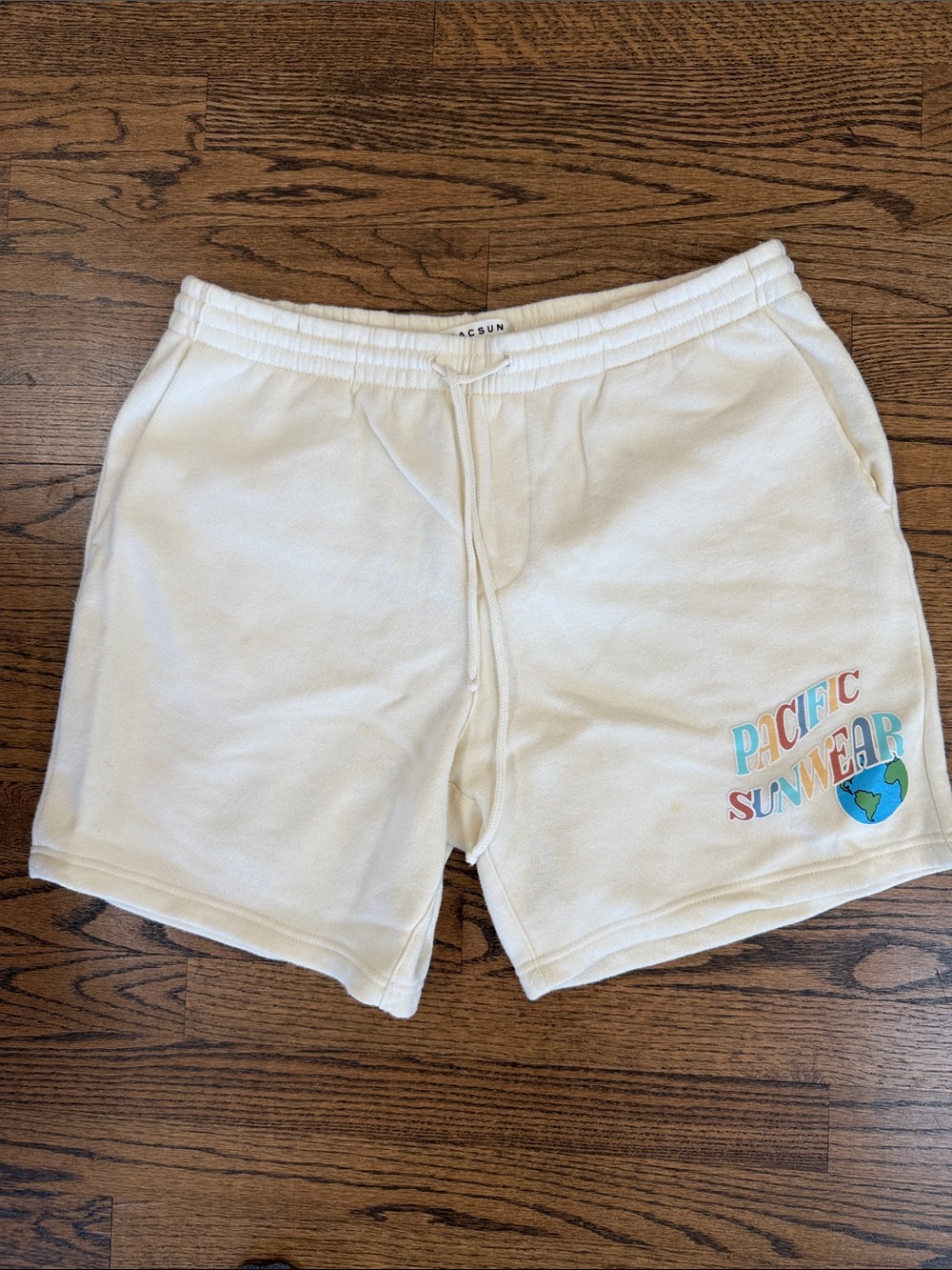 Pacific Sunwear Cream Athletic Shorts with Multicolor Logo